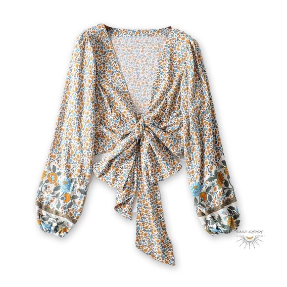 Floral Tie-Front Crop Top - Blue and Orange - Picture 6 of 10